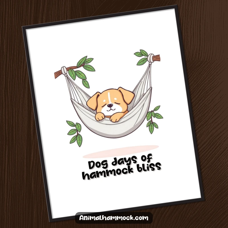Funny Free Printable Wall Art: A small, happy dog fast asleep in a comfortable, swaying hammock.