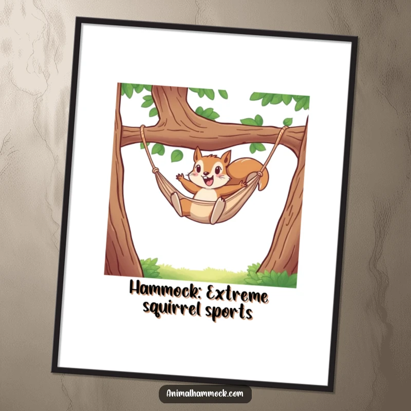 Funny Free Printable Wall Art: A mischievous squirrel executing an epic leap into a comfy hammock.
