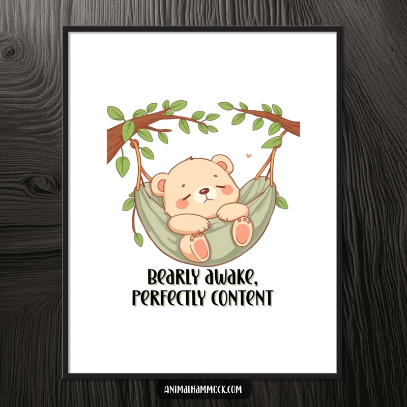 Funny Free Printable Wall Art: A cute and contented bear cub sleeping soundly in a cozy hammock.