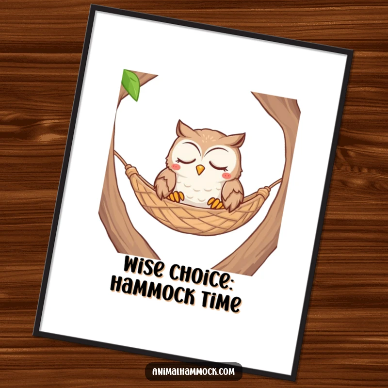 Funny Free Printable Wall Art: Peaceful owl with closed eyes resting contentedly in a woven hammock.