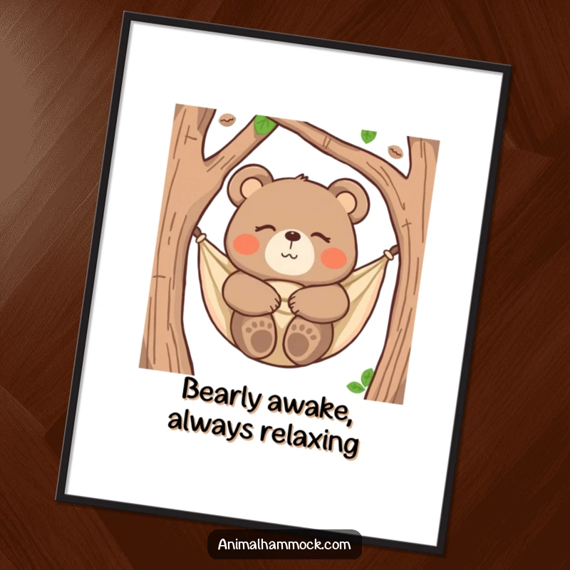 Funny Free Printable Wall Art: A happy bear is snuggled comfortably in a hammock, eyes closed in peaceful slumber, embodying pure relaxation.