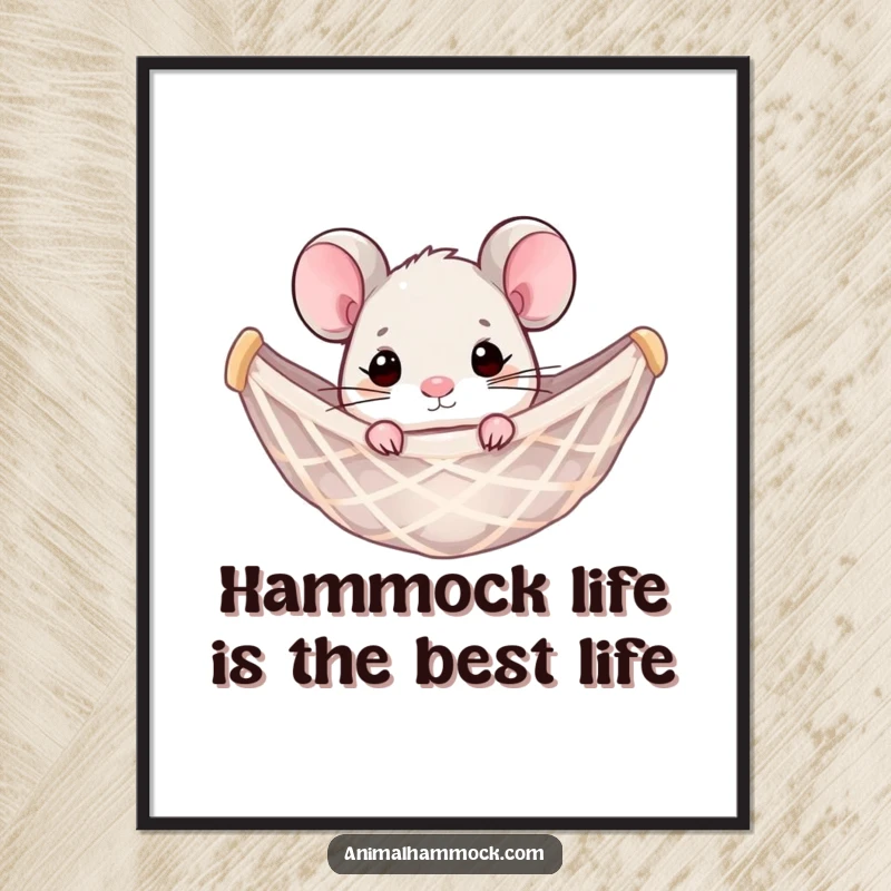 Funny Free Printable Wall Art: A tiny mouse relaxes in a hammock, exuding pure joy and humor.