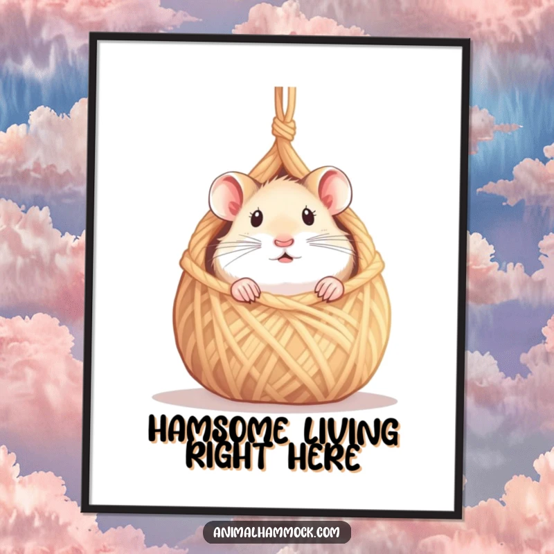 Funny Free Printable Wall Art: A curious hamster peeking out from a tiny, handcrafted yarn hammock, full of wonder.