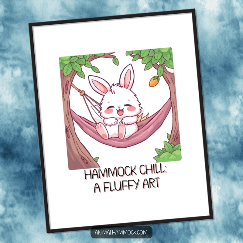 Funny Free Printable Bunny Wall Art: Fluffy character gleefully bouncing while napping in a hammock, a whimsical addition to any room.