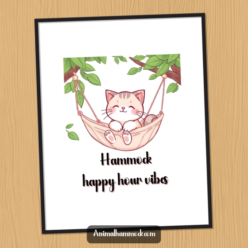 Funny Free Printable Wall Art: A cute cat is blissfully snuggled in a gently swaying hammock, exuding cozy happiness.
