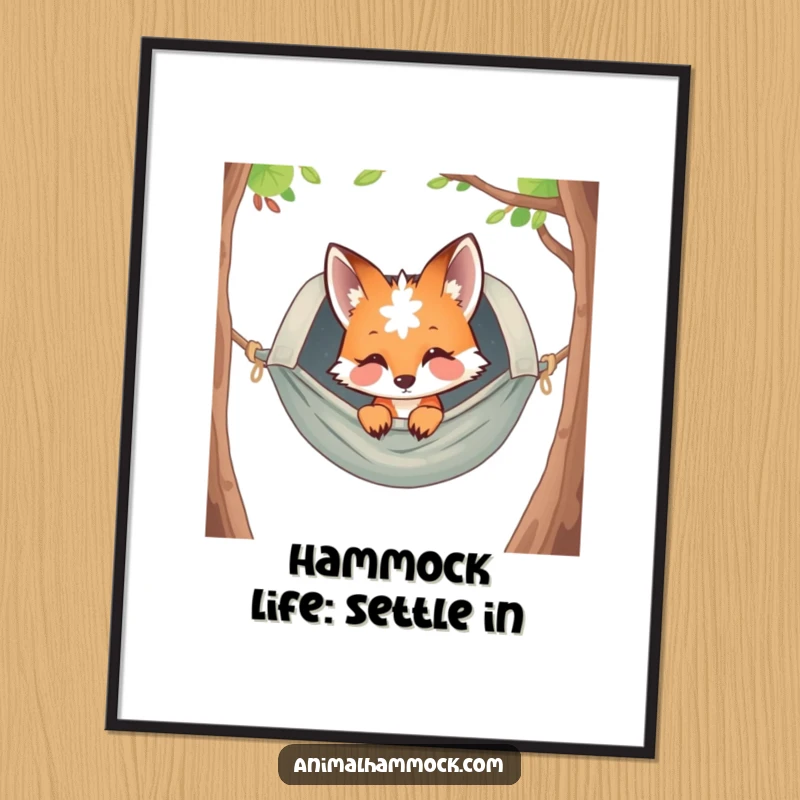 Funny Free Printable Wall Art: A curious fox peeking playfully from a cozy hammock, perfect for a whimsical, humorous home.