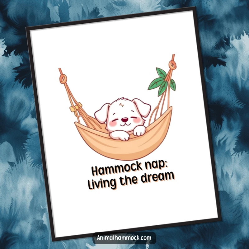 Funny free printable wall art depicting a happy puppy napping peacefully in a swaying hammock, ideal for cheerful decor.