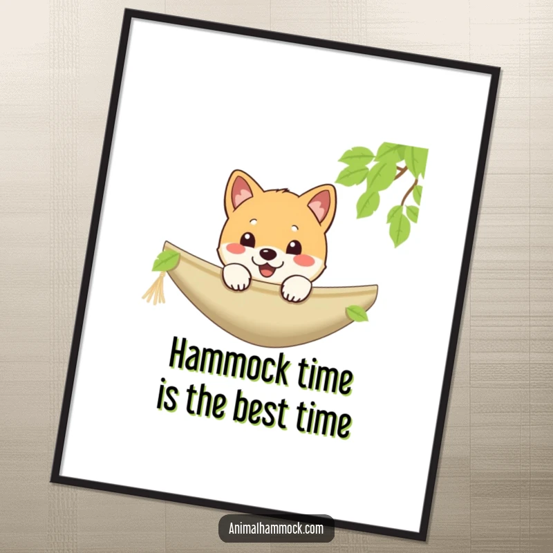 Funny Free Printable Wall Art: A happy Shiba puppy peeking over the edge of a hammock, embodying pure relaxation.