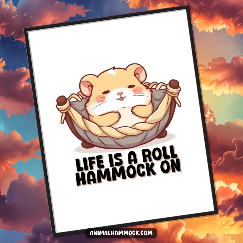 Funny Free Printable Wall Art: A contented hamster joyfully rolling in a tiny hammock, creating a whimsical and cheerful atmosphere.