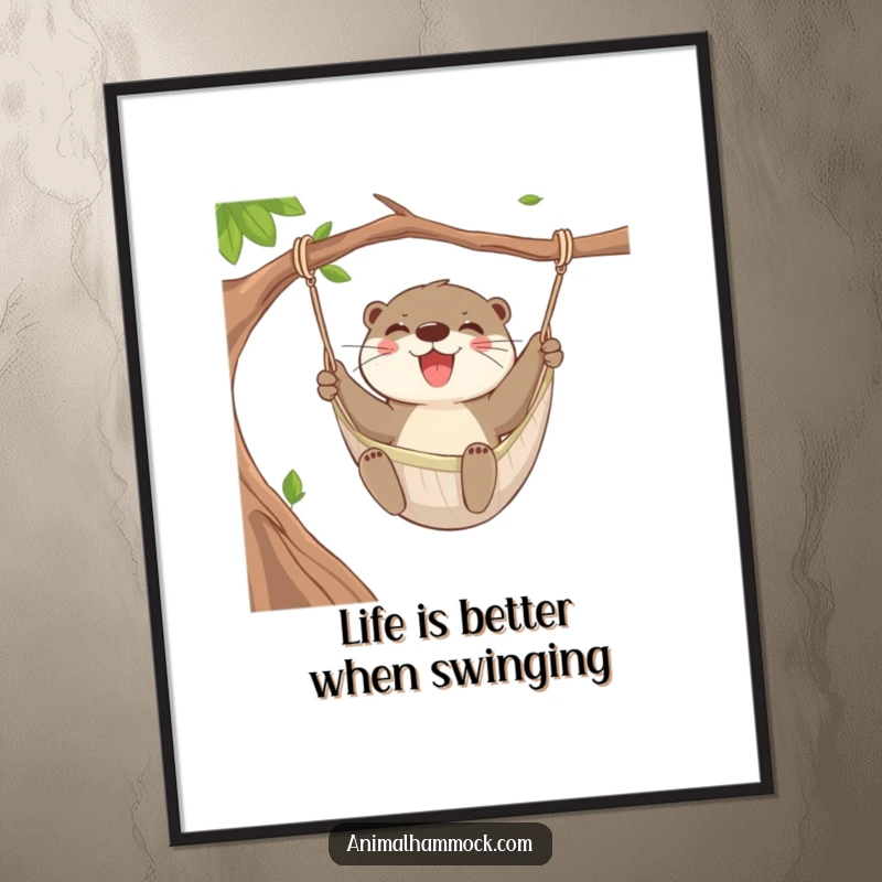Funny Free Printable Wall Art: A happy otter swinging with great enthusiasm in a hammock, full of life.