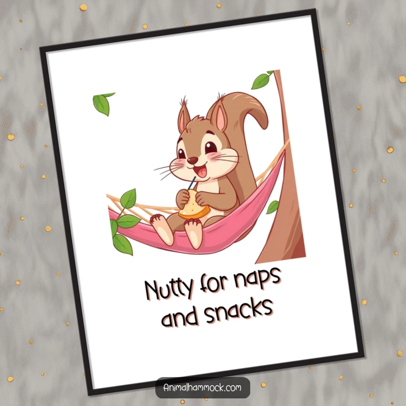 Funny Free Printable Wall Art of an excited squirrel lounging in a hammock, blissfully enjoying a tasty snack.