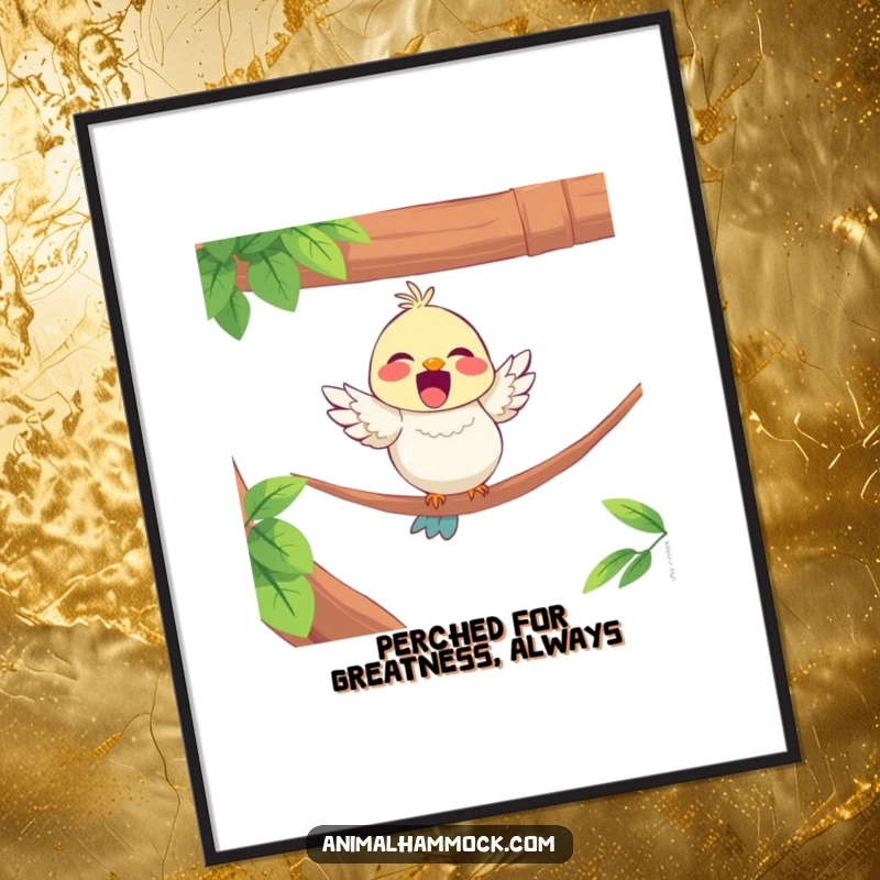 Funny Free Printable Wall Art: A delighted bird perching on the edge of a hammock, enjoying a peaceful and humorous moment.