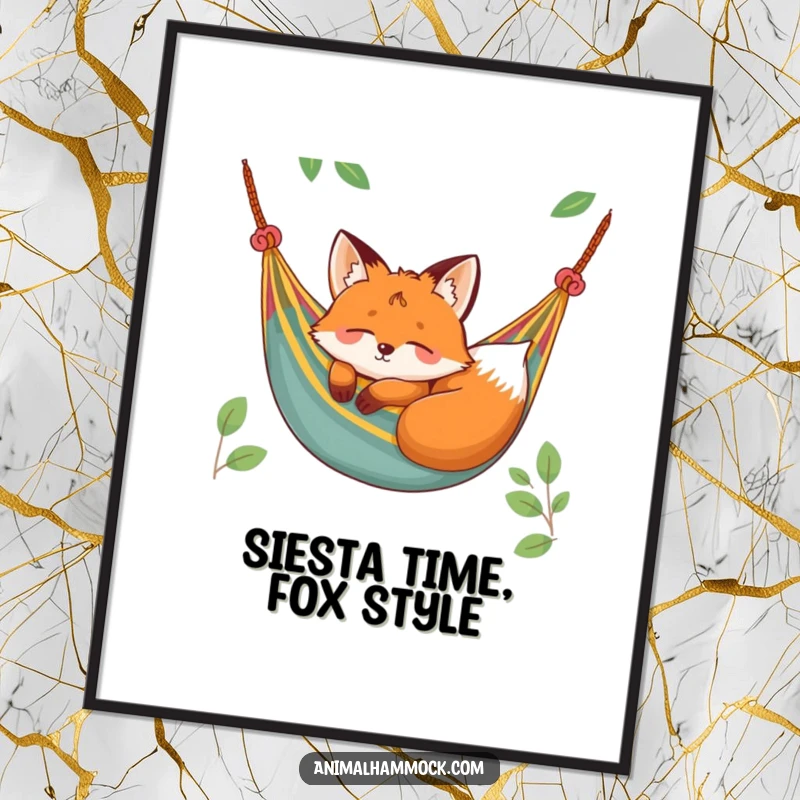 Funny Free Printable Wall Art: Cheerful fox napping peacefully in a colorful hammock, creating a relaxing and charming downloadable art piece for any room.