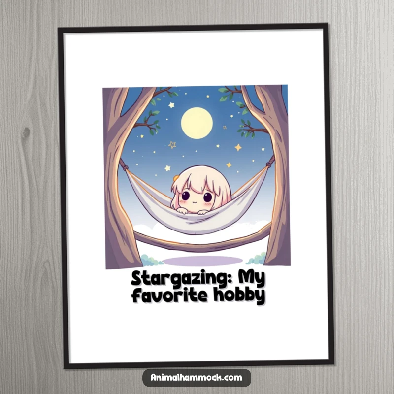 Funny Free Printable Wall Art: Cute character gazing at stars from a moonlit hammock, conveying peace and dreams.