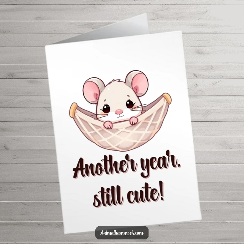 Funny Free Printable Birthday Card: A small mouse peeks from a hammock, ready to deliver birthday laughs.