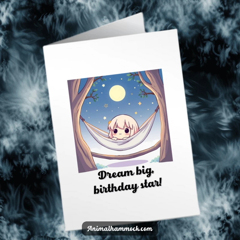 Funny Free Printable Birthday Card: Cute character lounging in a hammock under a starry sky, dreaming big dreams.