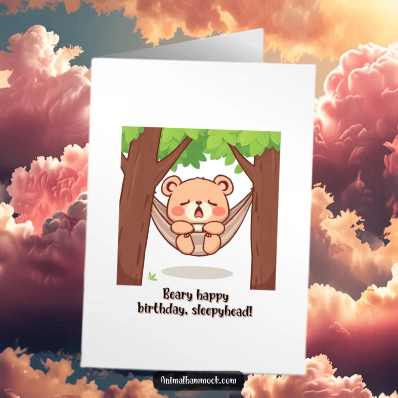 Funny Free Printable Birthday Card: A yawning bear cub snoozing in a hammock, wishing a very sleepy happy birthday.