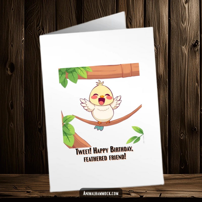 Funny Free Printable Birthday Card: Delighted bird perched on the edge of a hammock, enjoying a relaxed birthday.