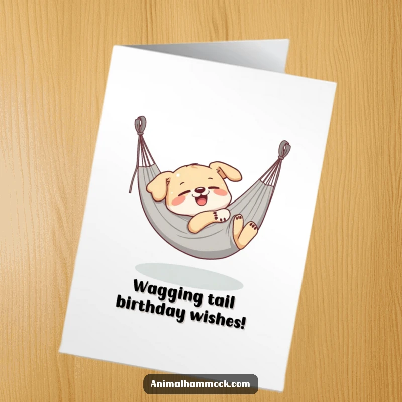 Funny Free Printable Birthday Card: Delighted dog blissfully napping in a stretched hammock, dreaming sweet dreams.