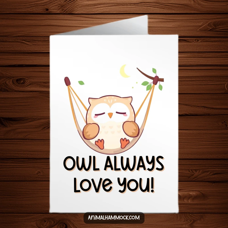 Funny Free Printable Birthday Card: A round owl happily dreaming while floating in a hammock, humorous downloadable greeting.