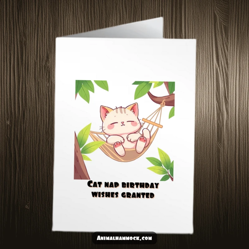 Funny Free Printable Birthday Card: Euphoric cat lounging deeply in a swaying hammock, celebrating with joy.