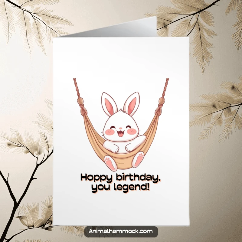 Funny Free Printable Birthday Card: Fluffy bunny with rosy cheeks joyfully swinging in a hammock.