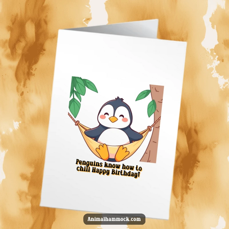 Funny Free Printable Birthday Card: Proud penguin smiling serenely in a hammock, ready for a chill celebration.