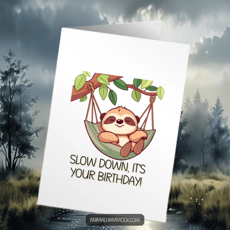 Funny Free Printable Birthday Card: A cheerful sloth lounging lazily in a hammock, wishing a very happy birthday.