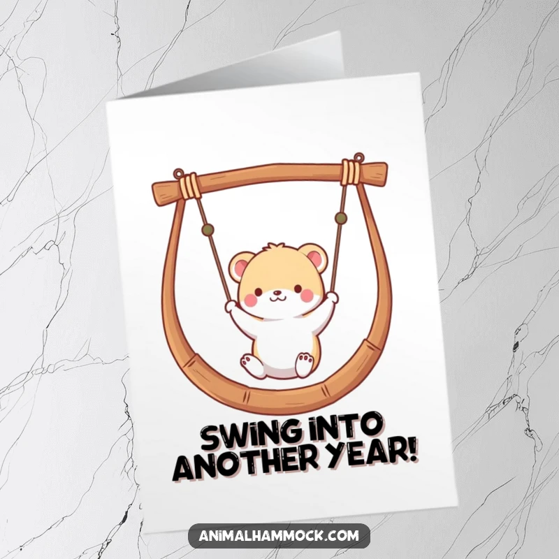 Funny Free Printable Birthday Card: Small animal happily swinging in a hammock, enjoying a peaceful birthday moment.