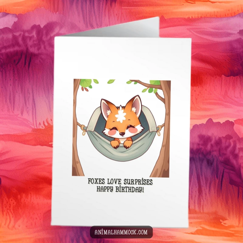 Funny Free Printable Birthday Card: Curious fox peeking from a hammock, ready to wish happy birthday with a silly grin.