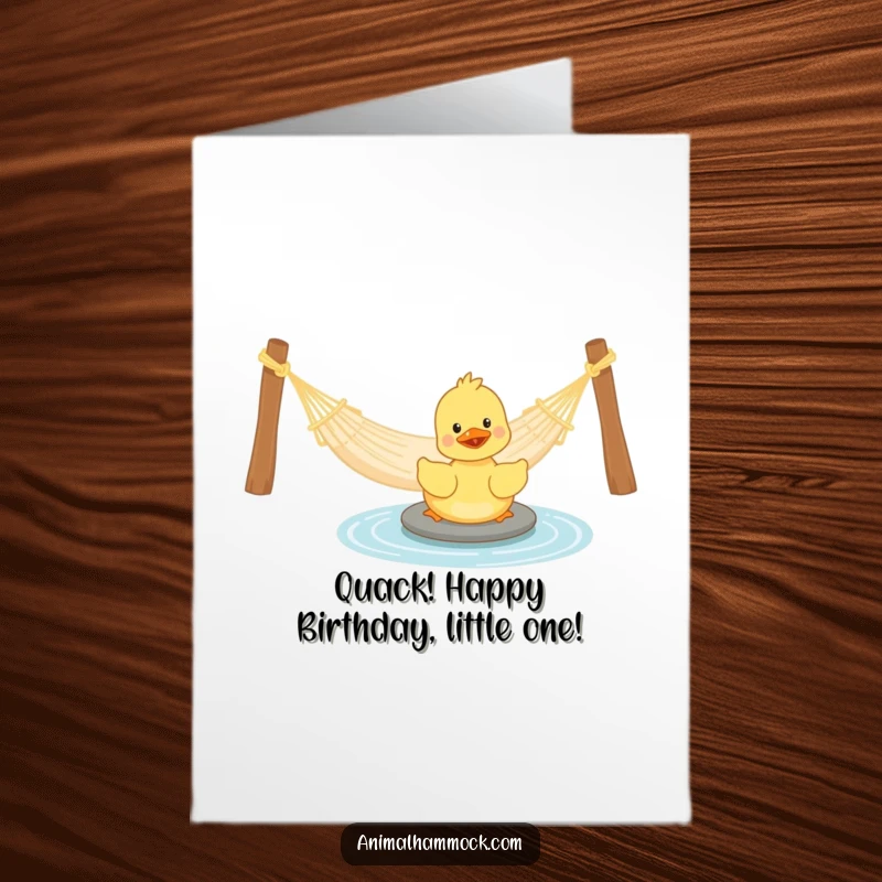 Funny Free Printable Birthday Card showing a playful duckling happily paddling near a hammock, bringing sunny vibes.