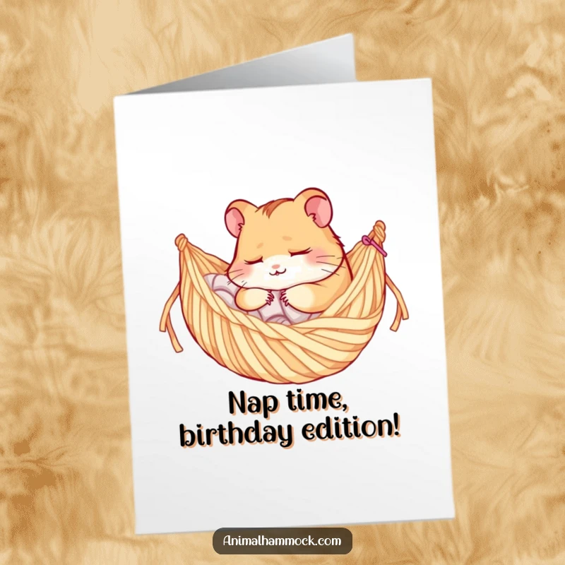 Funny Free Printable Birthday Card featuring a sleepy hamster blissfully napping in a cozy yarn hammock, perfect for birthday wishes.