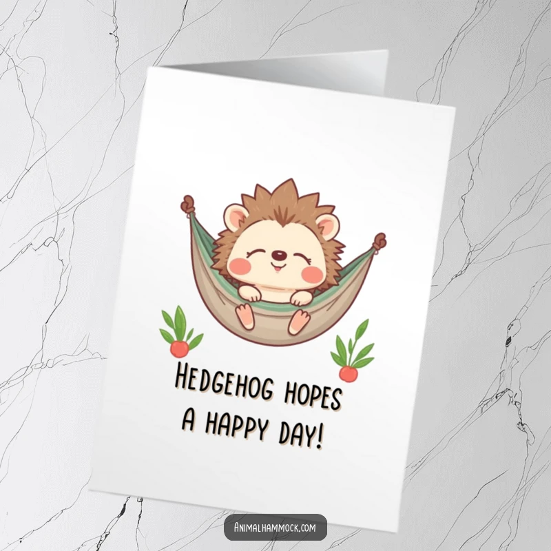 Funny Free Printable Hedgehog Birthday Card: Contented hedgehog smiling with closed eyes in a hammock, a peaceful birthday wish.