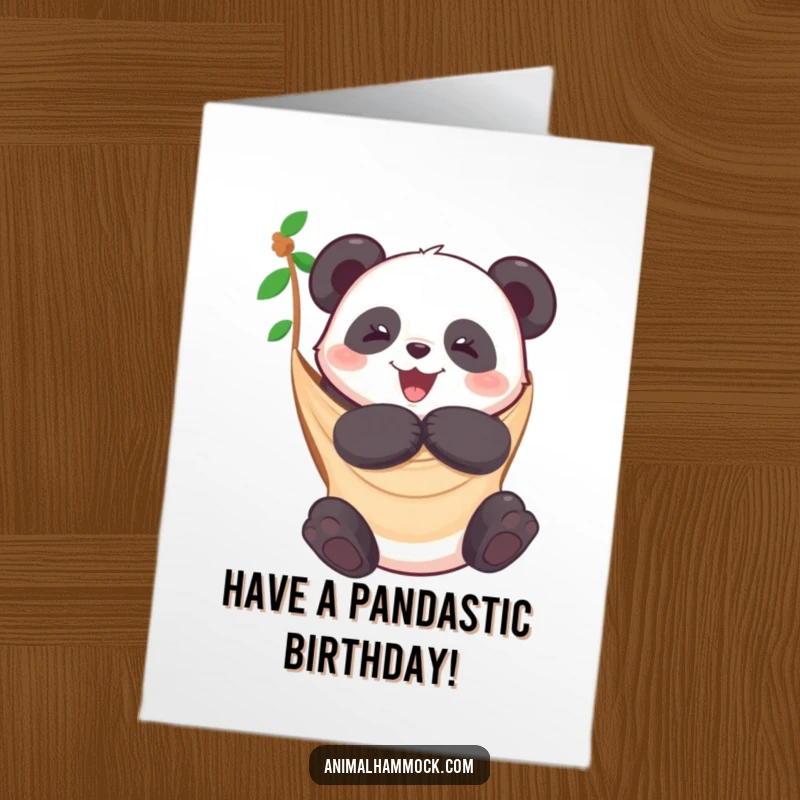 Funny Free Printable Birthday Card: A joyful panda hugging a hammock tightly, spreading birthday cheer.