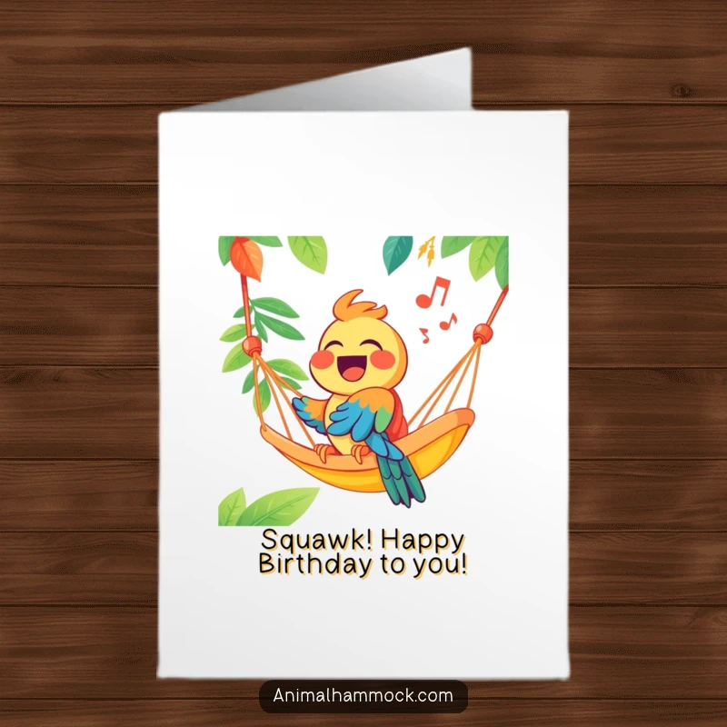 Funny Free Printable Birthday Card: A joyous parrot belting out a tune from a colorful hammock, celebrating a happy birthday with zest.