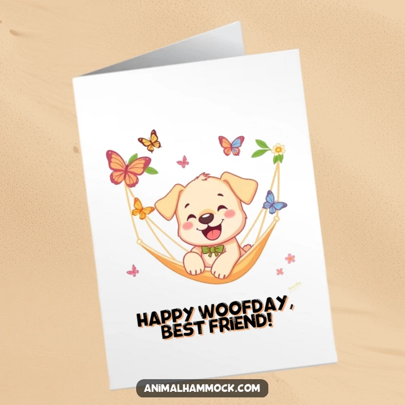 Funny Free Printable Birthday Card featuring a smiling puppy leaping playfully from a hammock, chasing colorful butterflies with glee.