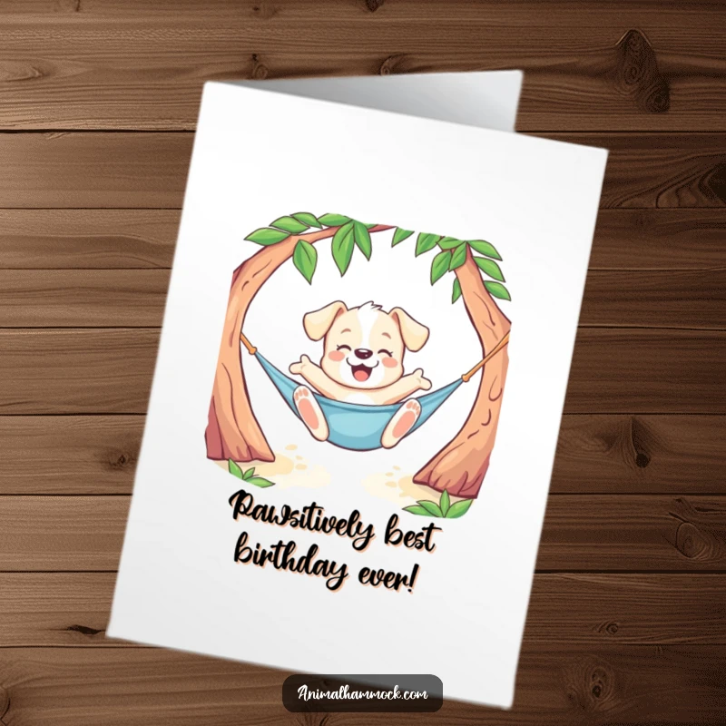Funny Free Printable Puppy Birthday Card: Playful puppy doing a joyful stretch while lounging in a hammock, a hilarious birthday wish.