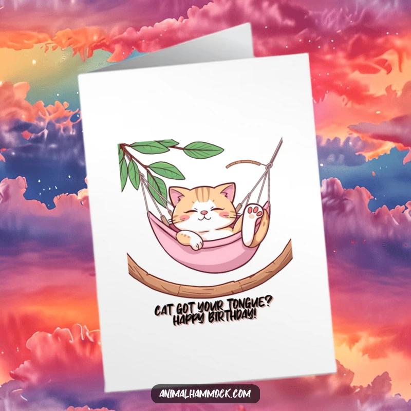 Funny Free Printable Birthday Card featuring a relaxed cat lounging lazily in a hammock, stretching with pure bliss.