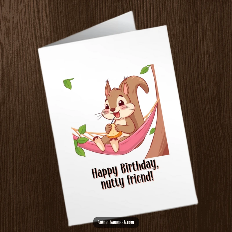 Funny Free Printable Birthday Card featuring an excited squirrel happily munching on a snack while lounging in a hammock.