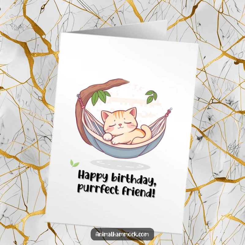 Funny Free Printable Birthday Card: A sleepy cat peacefully dreaming in a hammock oasis, wishing a very relaxing happy birthday.