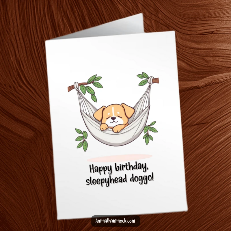 Funny Free Printable Birthday Card: A small dog peacefully snoozing in a comfy hammock.