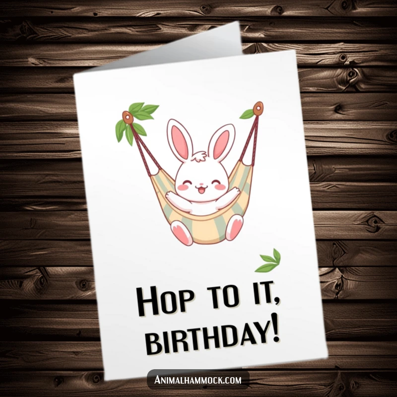 Funny Free Printable Birthday Card: Cheerful bunny character bouncing gently in a striped hammock, full of glee.