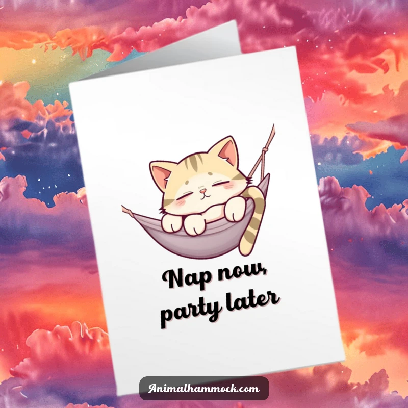 Funny Free Printable Birthday Card featuring a sleepy cat lounging on a hammock, perfect for a lazy birthday wish.