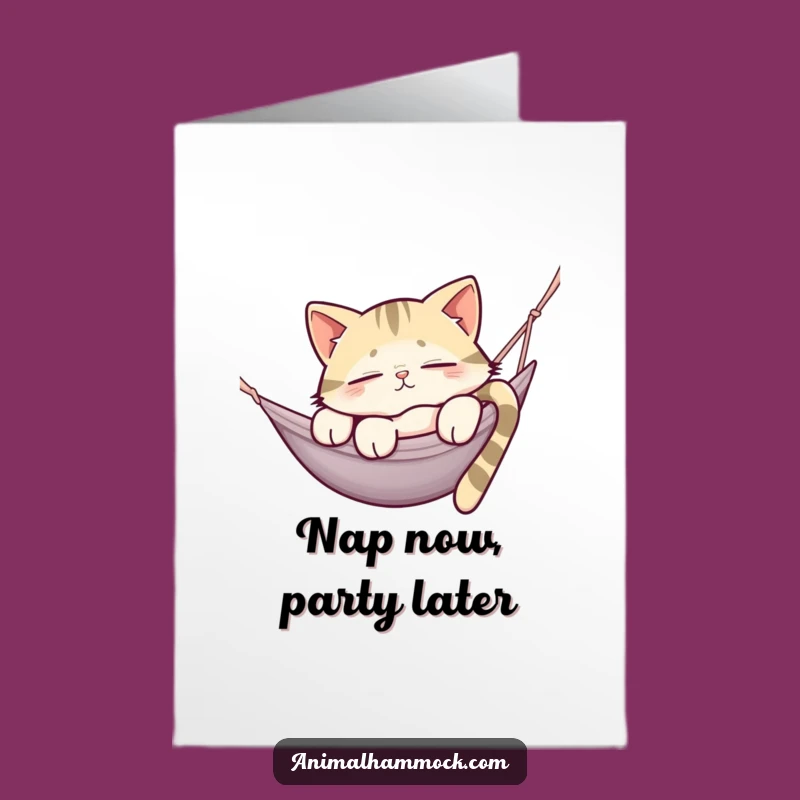 Free Printable Sleepy Cat Birthday Card: Funny Hammock Nap DIY Downloadable Gift