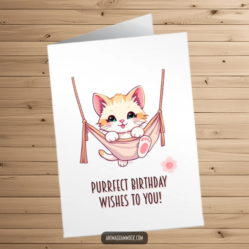 Funny Free Printable Birthday Card: A playful kitten happily dangling from a hammock, celebrating a birthday with mischief.