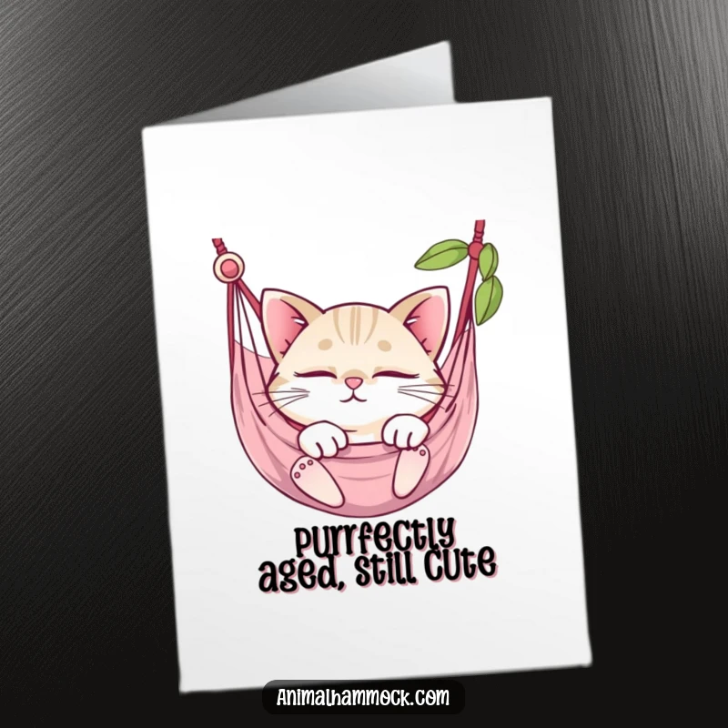 Funny Free Printable Birthday Card: Round cat sleeping peacefully in a hammock, sparkling eyes closed.