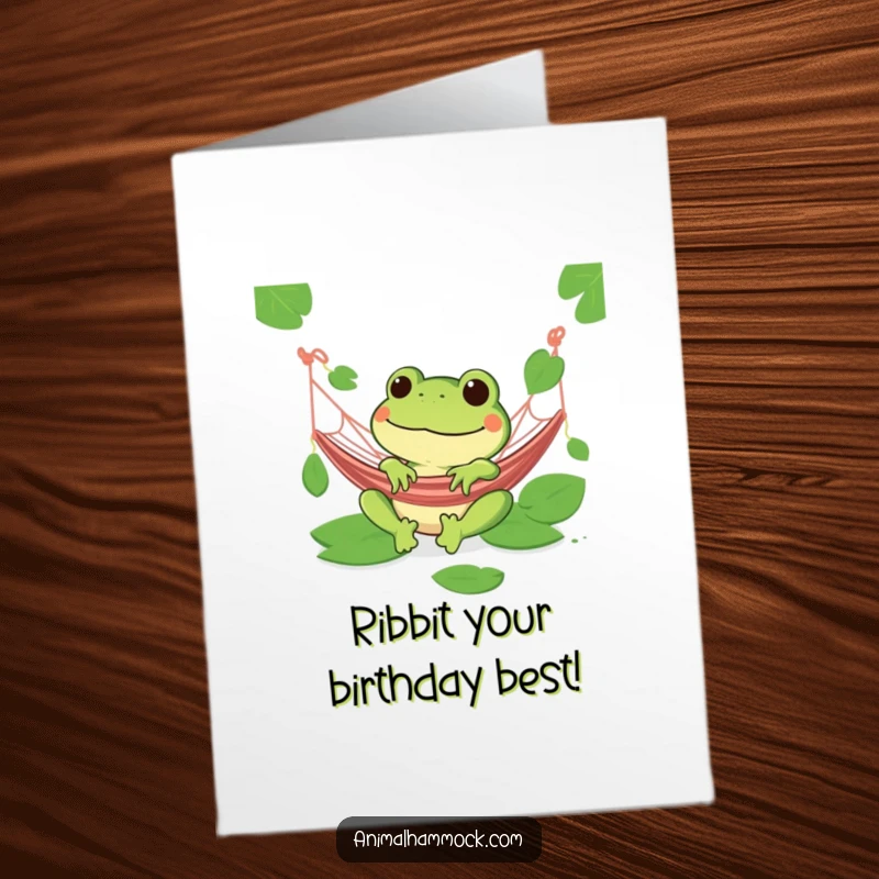 Funny Free Printable Birthday Card: Green frog grinning wide, relaxing in a hammock amid lily pads, pure bliss.