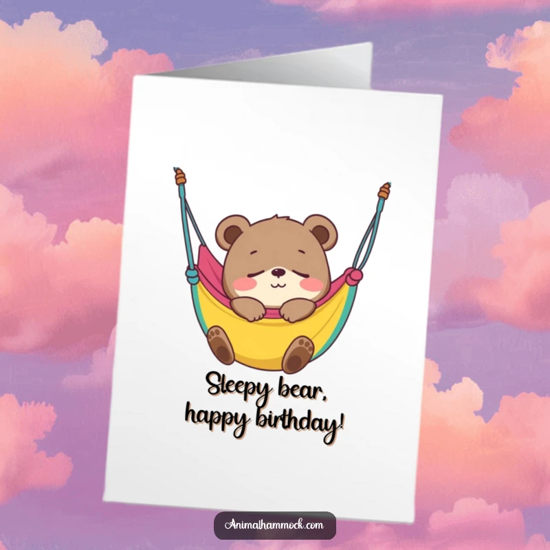 Funny Free Printable Bear Cub Birthday Card: Smiling bear cub blissfully fast asleep in a colorful hammock, a nap-tastic birthday.