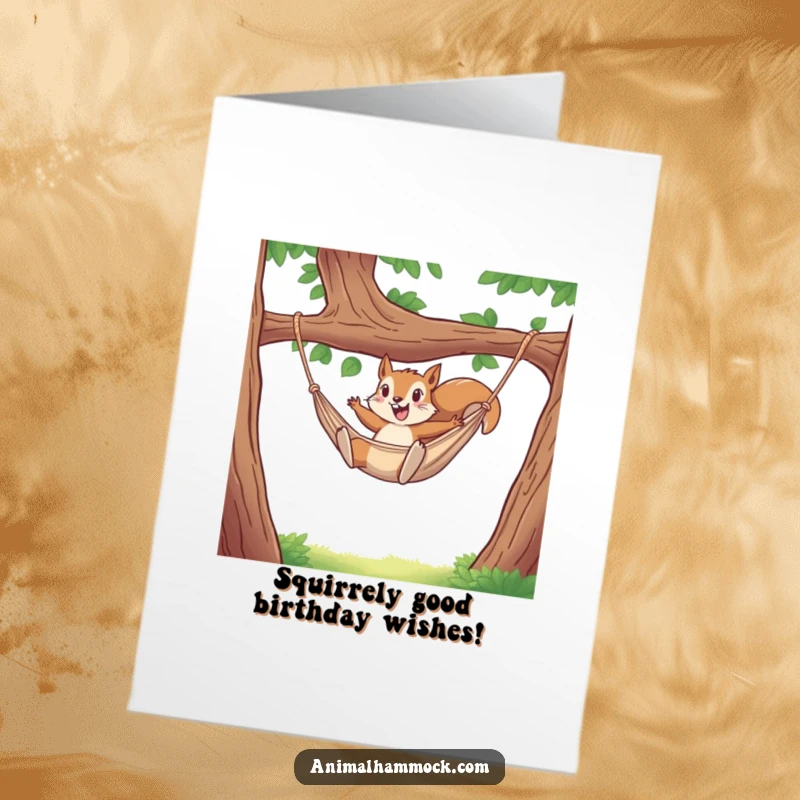 Funny Free Printable Birthday Card: Mischievous squirrel joyfully leaping into a hammock, ready for birthday fun.