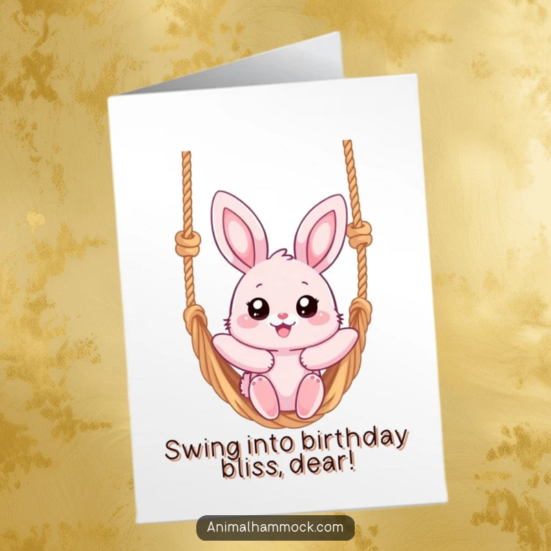 Funny Free Printable Birthday Card: Fluffy pink bunny with big eyes swinging joyfully on a hammock. DIY gift.
